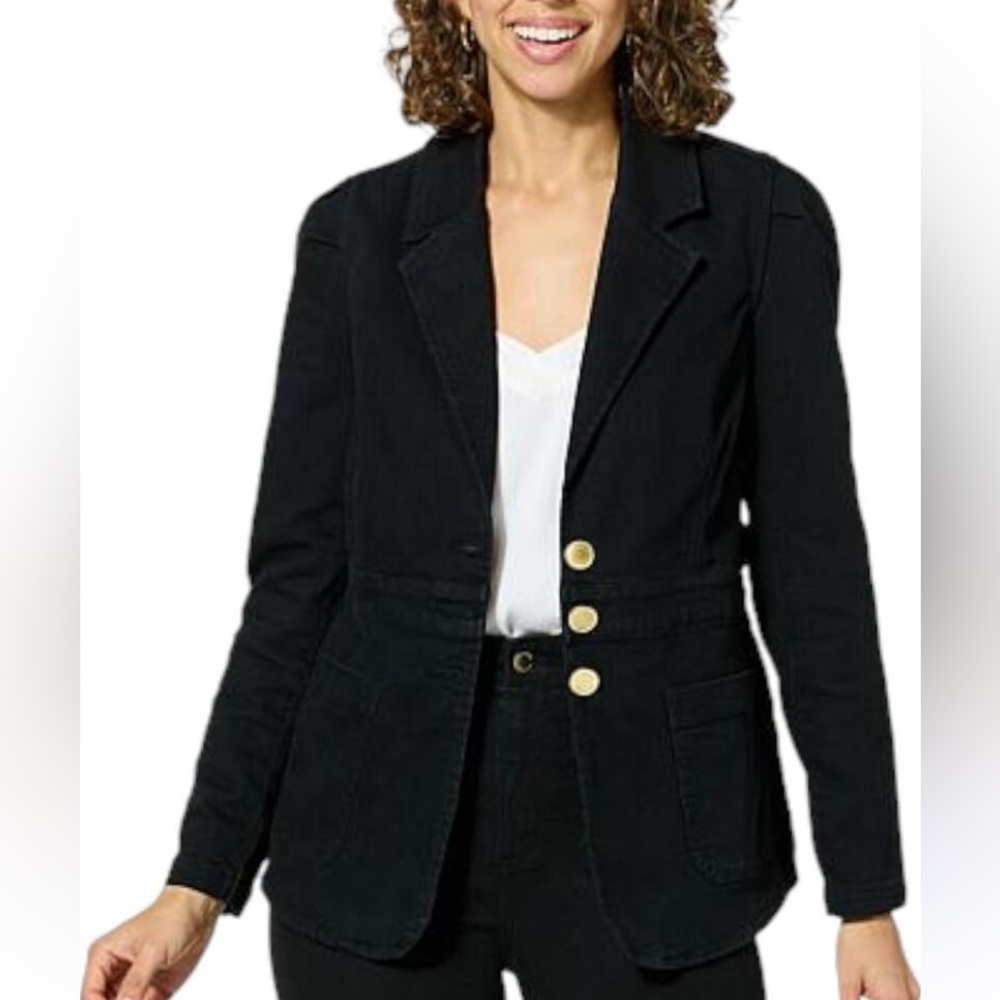 NEW G By Giuliana Black Denim Puff Sleeve Womens Button Blazer Jacket Plus Sz 1X